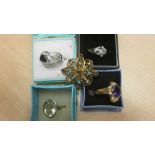 Assorted costume rings & brooch