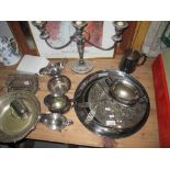 Assorted silver plated ware, candlesticks trays etc.