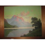 20th century oil on board Lake and mountain scene signature indistinct 47 cms x 57 cms