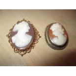 2 vintage cameo brooches (one set in gold)