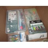 Box of new fishing tackle : spinners, lures,