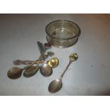 Assorted silver and other souvenir spoons & silver and glass sweet meat dish