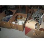 3 x boxes of china glass stoneware, blue and white meat charger, scales etc.