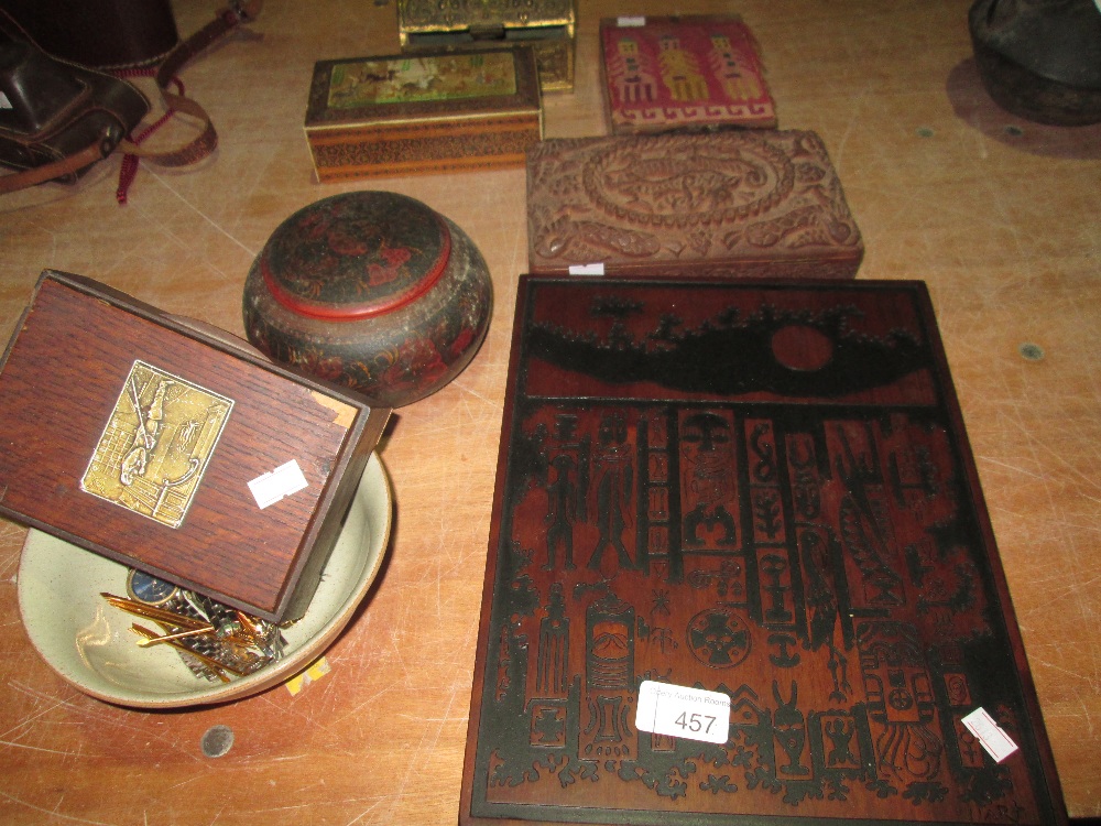 Collection of treen : wooden boxes, interesting olive wood box covered with antique textile,