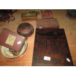 Collection of treen : wooden boxes, interesting olive wood box covered with antique textile,