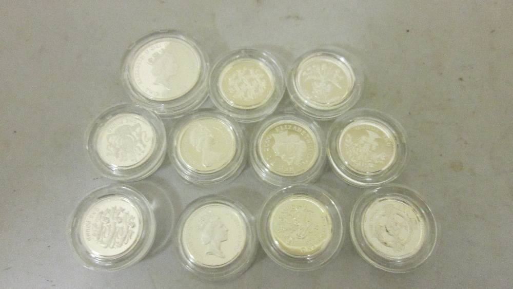 Good collection of 10 x silver proof £ 1 coins & 1 x £ 2 in plastic containers