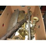 Box of brass ware: candlesticks, skimmers, ladle, stirrup pump etc.