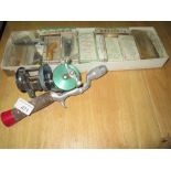 Vintage fishing tackle : 2 x multiplier reels The Green Hornet & The Captain Model 8 & box of