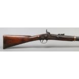 A 19th century three band percussion cap rifle with walnut full stock and ram rod, interpreting