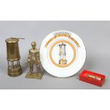 A quantity of mining related collectables including a miniature Sir Humprey Davy lamp, one other