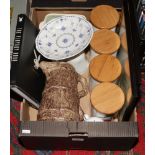 A box of miscellaneous to include pair of Robin Hoods Bay prints, jelly mould, Portmierion