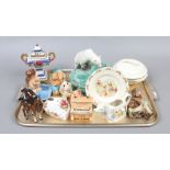 A tray of ceramics to include two Beswick foal, Wade animals, Pendelfin, Royal Doulton Bunnykins