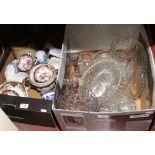 Two boxes of miscellaneous including glasswares, stoneware storage jars, Noritake, advertising