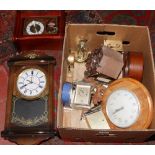 A box of clocks to include Quartz Acctim wall hanging clock, quartz WM Widdop mantle clock etc.
