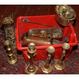 A box of mixed metalwares, various brass candlesticks, copper dishes and bowls etc.