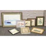 A collection of framed pictures and prints to include ornithological silks, horse racing watercolour