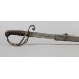 A British 1821 pattern artillery sword with three bar hilt and wire bound grip in metal scabbard,