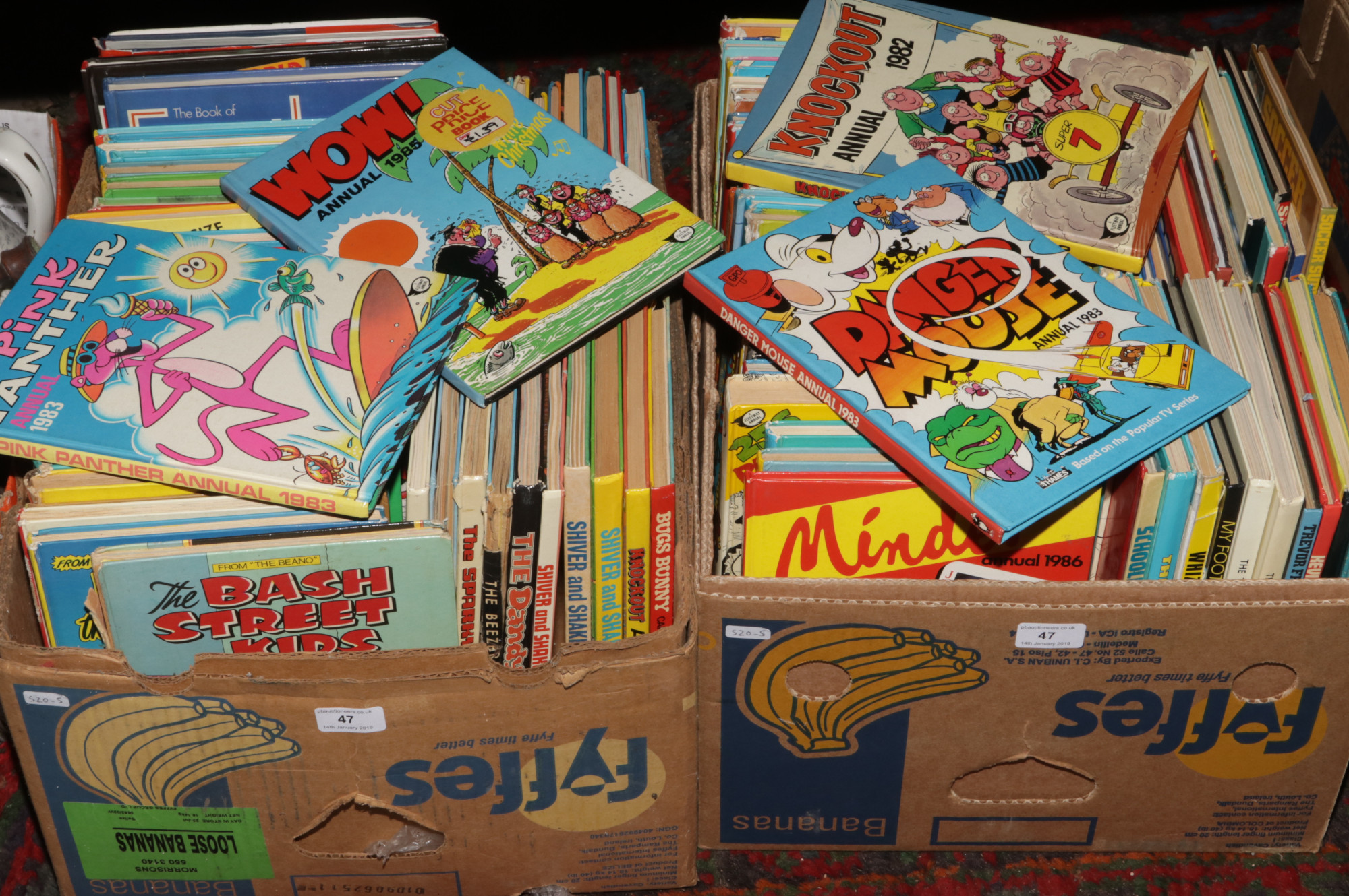 Two boxes of children's hardback annuals approximately 114 to include Beano, shoot, Tiger, Bash