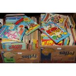 Two boxes of children's hardback annuals approximately 114 to include Beano, shoot, Tiger, Bash