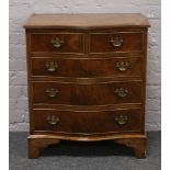 A burr walnut serpentine chest of graduated drawers cross banded in mahogany, raised on bracket
