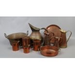 A quantity of copperwares to include Joseph Sankey Art Nouveau jug, measuring tankards, twin handled