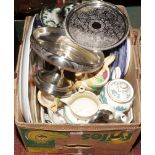 A box of miscellaneous ceramics, silver plate and pottery to include Sylvac, Masons and Booths etc.