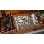 Three boxes of miscellaneous to include Adventuridge spotting scope, cut glass storage jars,