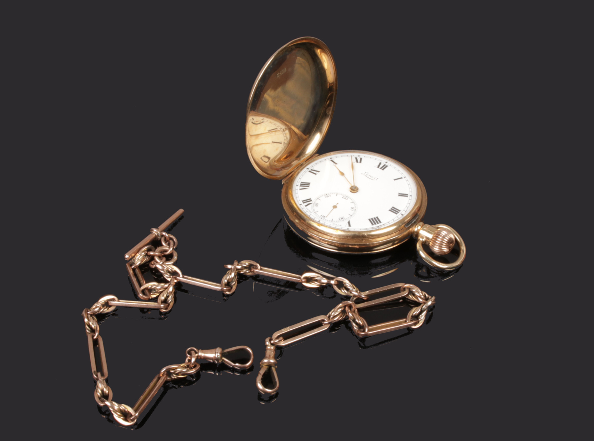 A 9ct gold full hunter Limit pocket watch with subsidiary dial and Roman numeral marker, cuvette