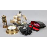 A group of collectables to include Eccles miners lamp, cased Chinon binoculars, musical horn ship,