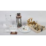 A quantity of collectable glass and brasswares including lead crystal vase and bowl, ship in bottle,