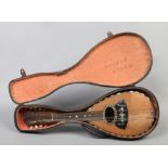 An early 20th century wooden cased mandolin with mother of peal inlay and bone machine heads.