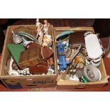 Two boxes of miscellaneous including delft cabinet plates, dressing table brushes, ornaments,