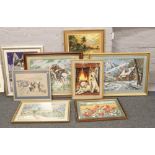 A collection of framed woolworks to include landscape scenes, animals etc.