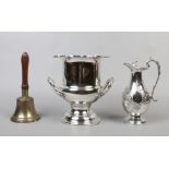 A Leonard silver plate twin handled wine cooler, along with a silver plate claret jug and a brass