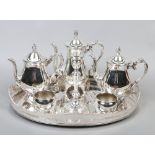 A collection of silver plate to include large twin handle serving tray, tea/coffee set,