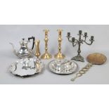 A collection of metalwares to include brass candlesticks, silver plate salver, candelabra etc.
