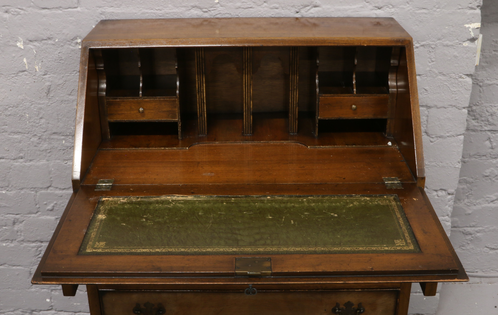 A burr walnut bureau crossbanded in mahogany with fitted interior, raised on bracket feet, 74cm - Image 2 of 2