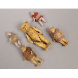 Three Hertwig miniature bisque teddy bears with pin jointed limbs, two with original crochet