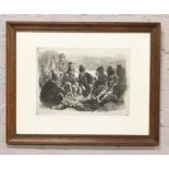 An oak framed engraving depicting a group of Mongolian men, signed E. A. Bero.