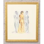 John Hackleton, a gilt framed oil on canvas depicting three female nudes, 55cm x 45cm.