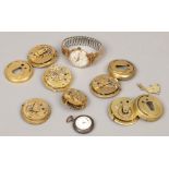 A box of mainly pocket watch movements including two fusee watches with verge escapements, Smiths
