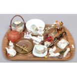 A mixed tray to include crested ware, glass animals, World War One trench art, costume jewellery