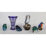 Five art glass paperweights formed as animals by Wedgwood and Langham, along with a blue flash cut