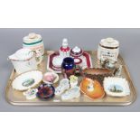 A tray of collectable ceramics including three pieces of Moorcroft (in need of repair) Royal