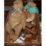 A box of vintage toys including a plush jointed teddy bear, wooden traction engine and Gordon the