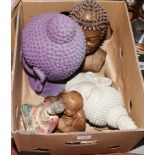 A box of Buddha related items to include seated figurines, large Buddha head etc.