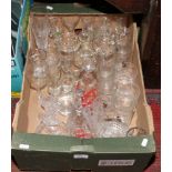 A box of mostly advertising glasses including Cherry B, Babycham, Pony Dewar's etc.