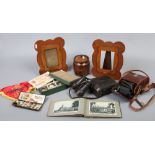 A quantity of vintage collectables including fishing flies, oak tea caddy, cased binoculars,