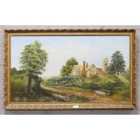 K. B. Marshall, a large gilt framed oil on canvas, rural landscapes with cottage, church and grazing