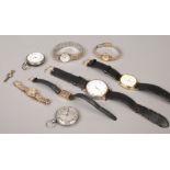 A collection of watches to include one silver and white metal pocket watches, Sekonda